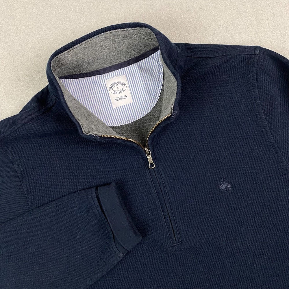 Brooks Brothers 1/4 Zip Sweater Mens Large navy pique Cotton Textured Knit